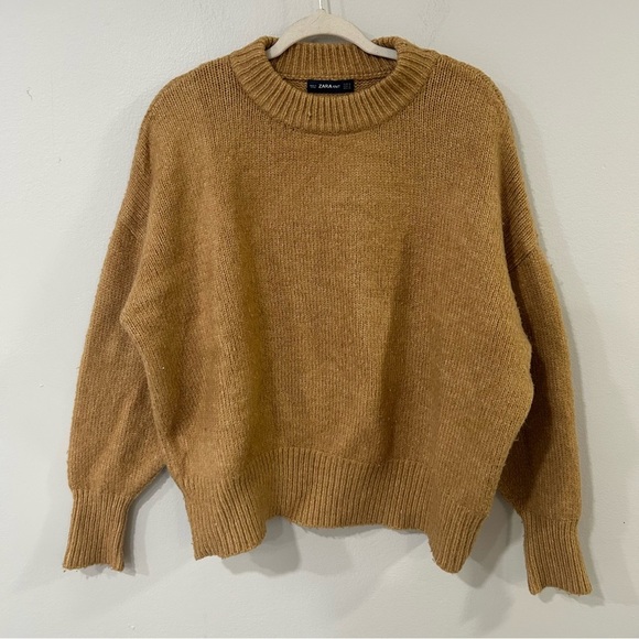 Zara Knit Tan Crewneck Chunky Oversized Long Sleeve Sweater Women’s Size Small - Picture 1 of 5